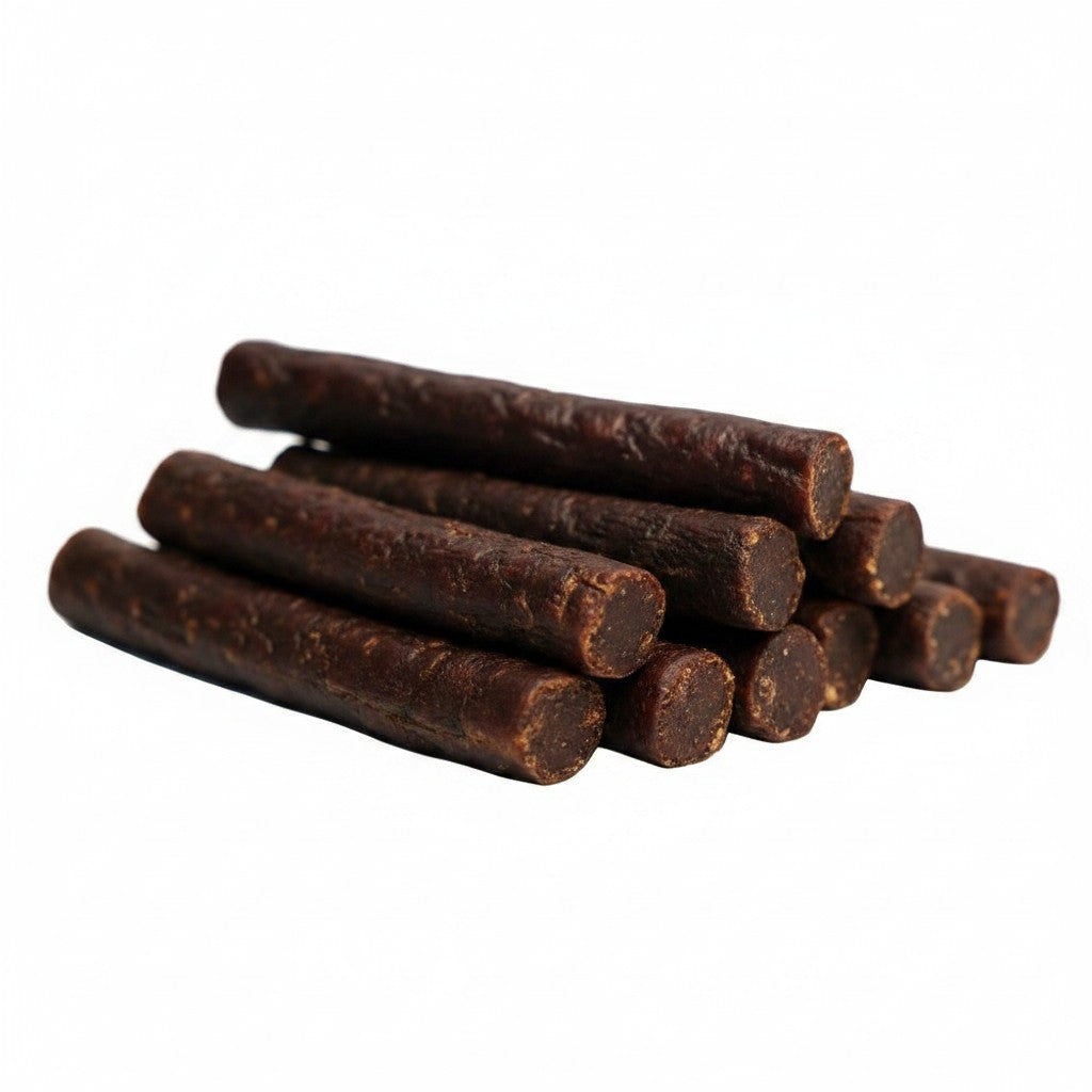 Oh Canada Gifts air-dried kangaroo and beef tripe dog chew sticks stacked in a pile