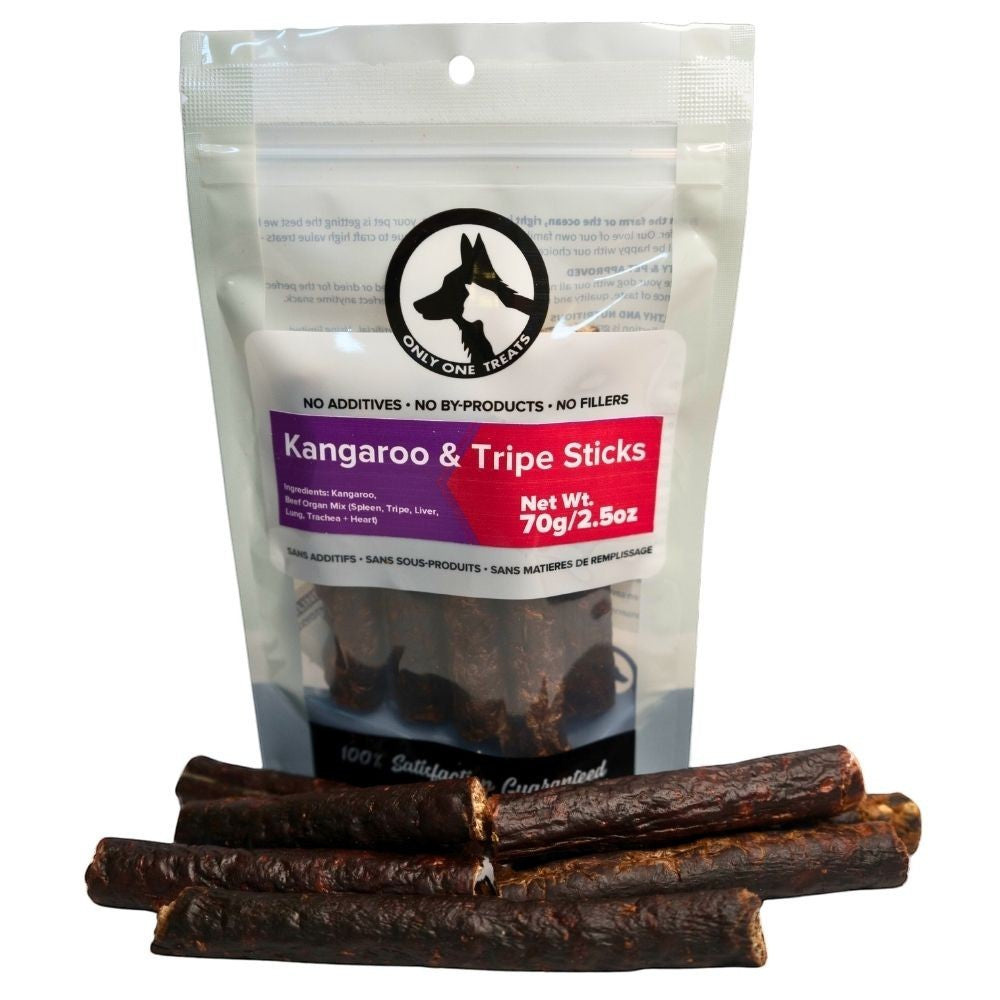 Oh Canada Gifts kangaroo and beef tripe dog treat sticks in a 70g resealable pouch, air-dried for natural chewing.