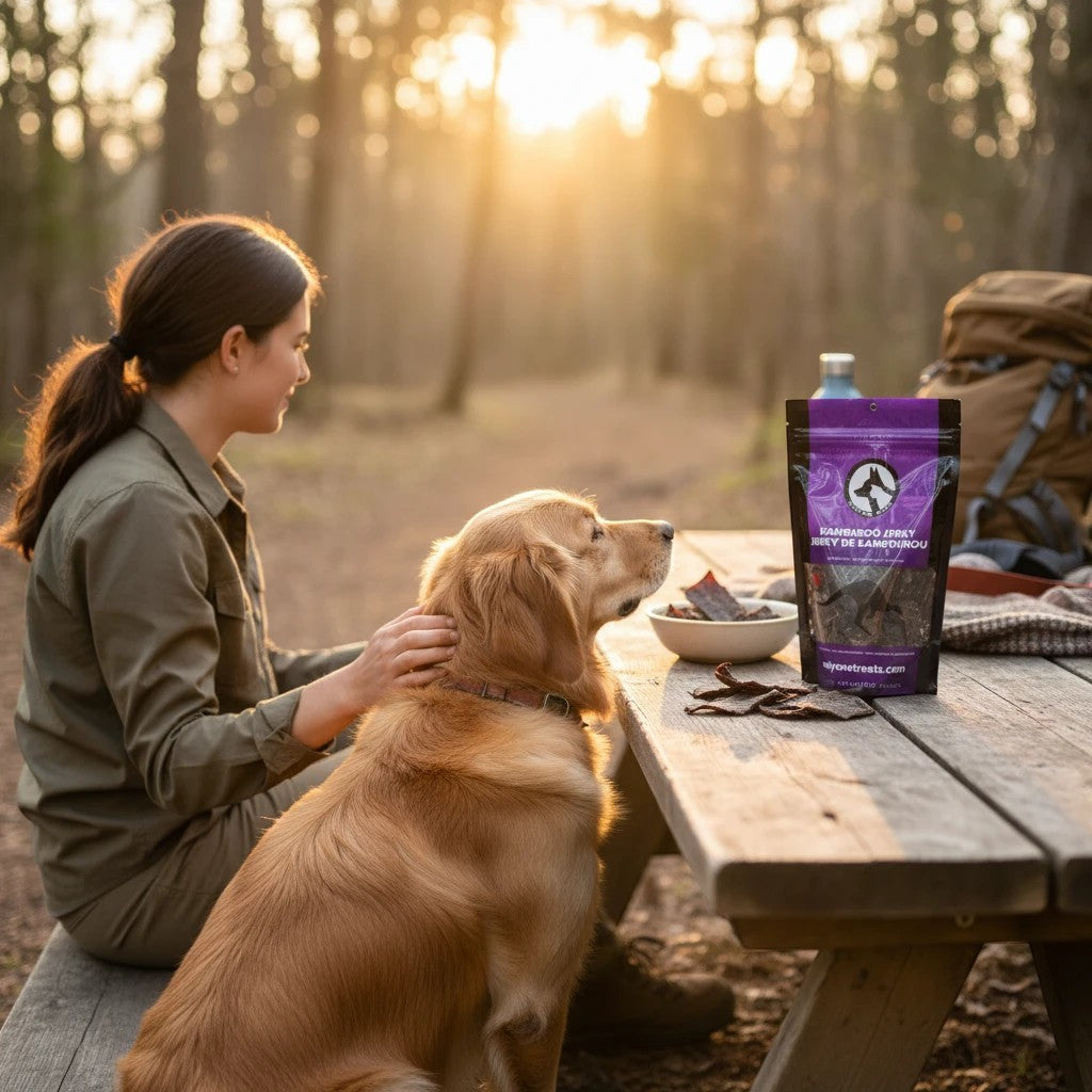 Oh Canada Gifts kangaroo jerky bag on a wooden picnic table with a woman petting her golden retriever in a forest