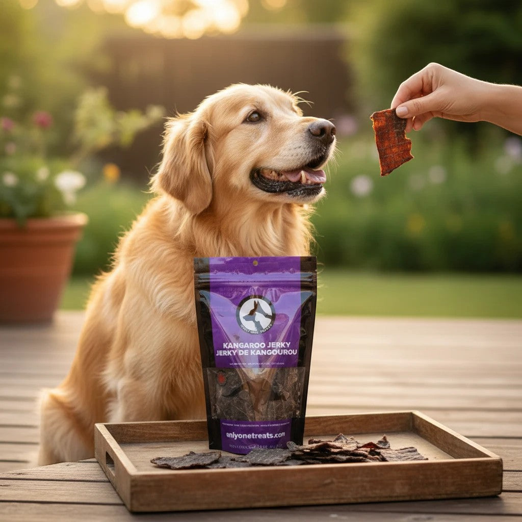Oh Canada Gifts kangaroo jerky bag with a golden retriever waiting for a treat in a sunny garden setting