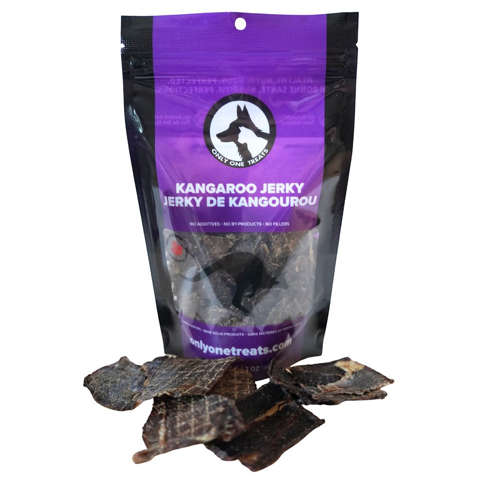 Oh Canada Gifts 56g bag of slow-cooked kangaroo jerky dog treats with dark meat pieces in front