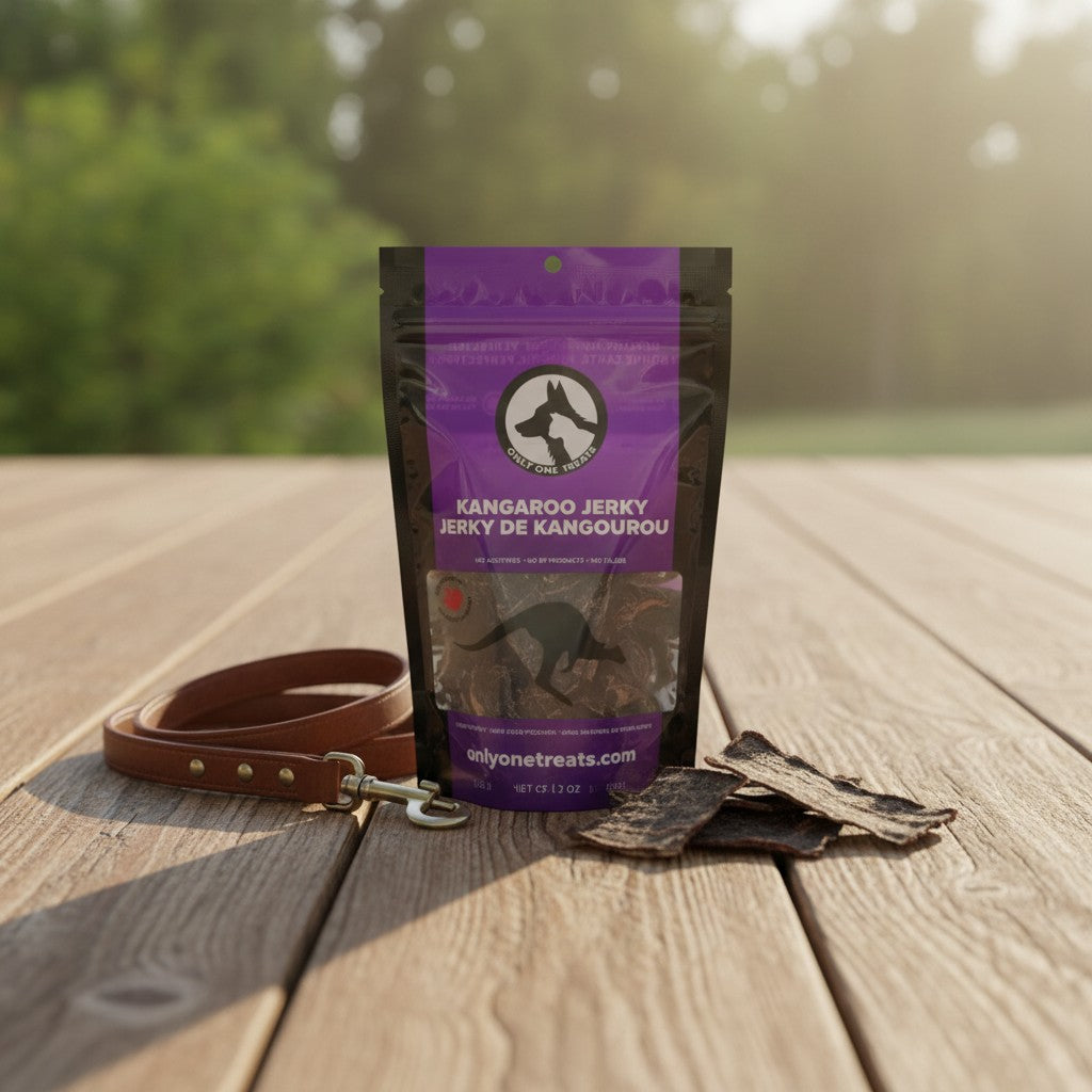Oh Canada Gifts kangaroo jerky dog treats in a purple bag with a leather leash on a wooden table outdoors.