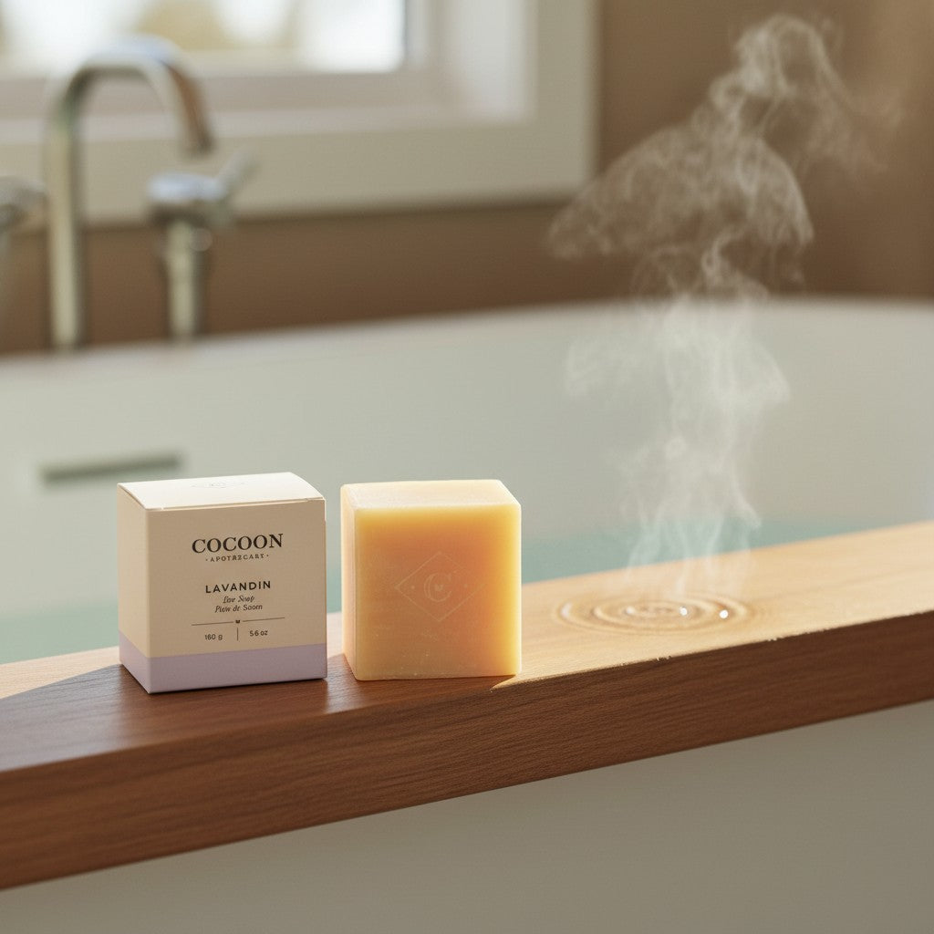 Oh Canada Gifts Lavandin bar soap and its packaging on a wooden bathtub tray with steam rising in a bathroom setting.