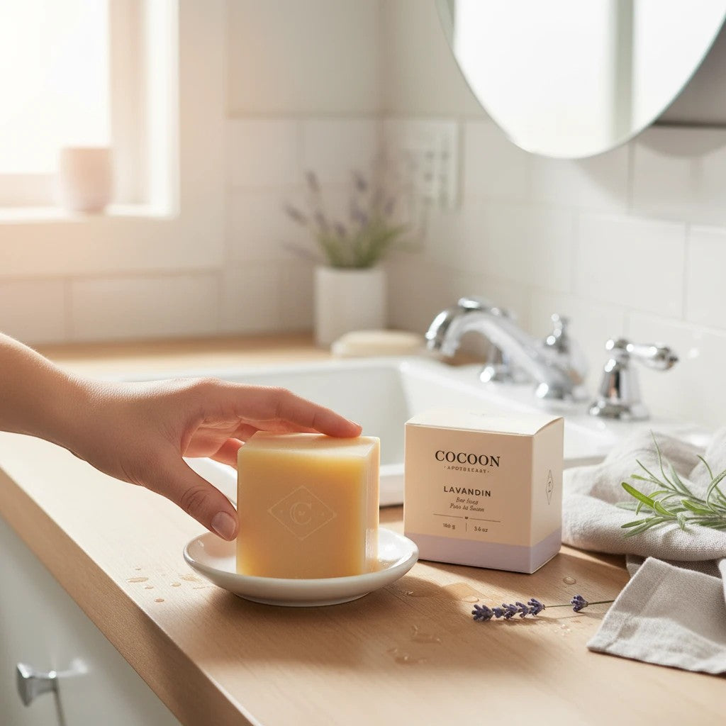 Oh Canada Gifts Lavandin Bar Soap on a white dish next to its beige packaging on a wooden bathroom counter.
