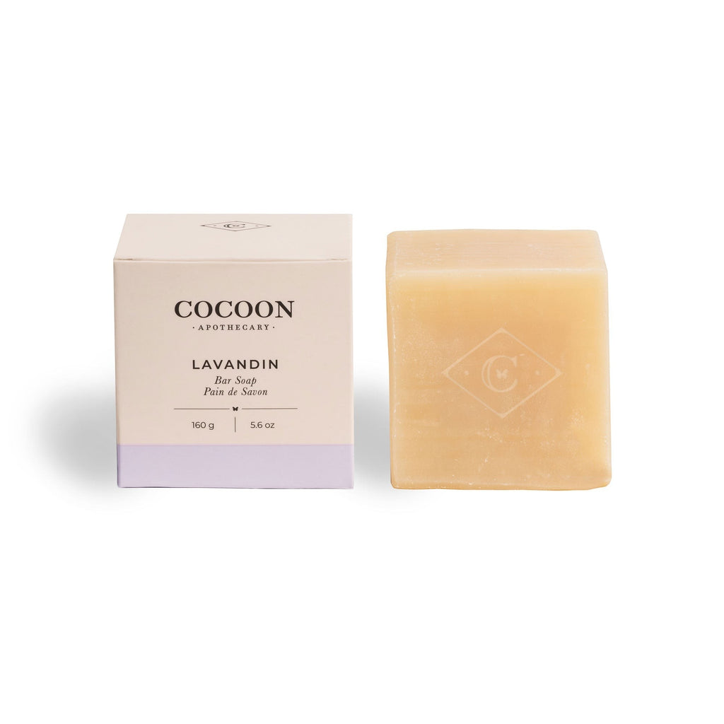 Oh Canada Gifts Lavandin bar soap with its beige packaging box featuring minimalist branding and a square soap bar.