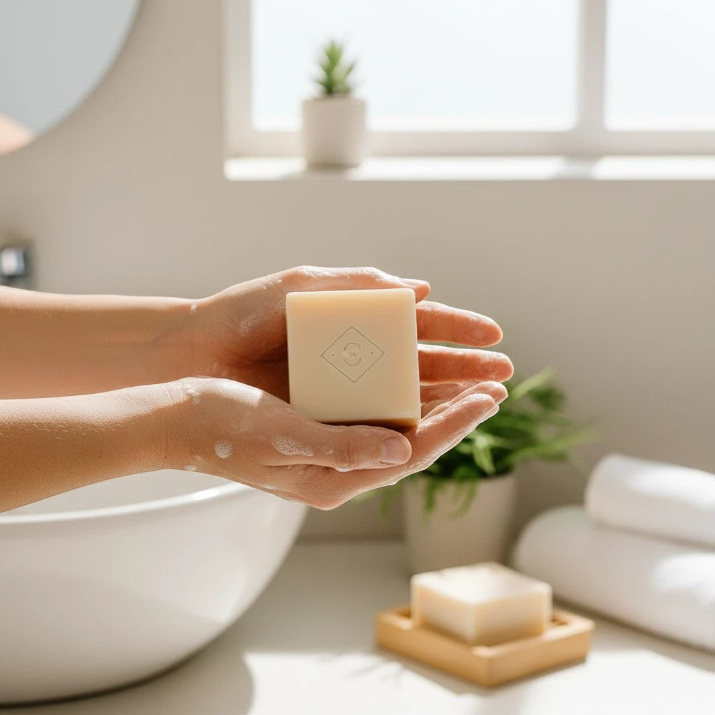 Oh Canada Gifts handcrafted lavandin bar soap held in hands, creating a creamy lather in a bright bathroom setting.
