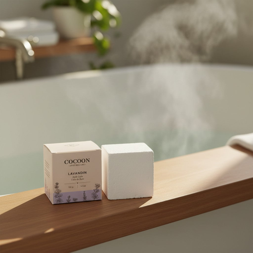 Oh Canada Gifts Lavandin Bath Cube beside its packaging on a wooden bathtub tray with steam rising in the background.