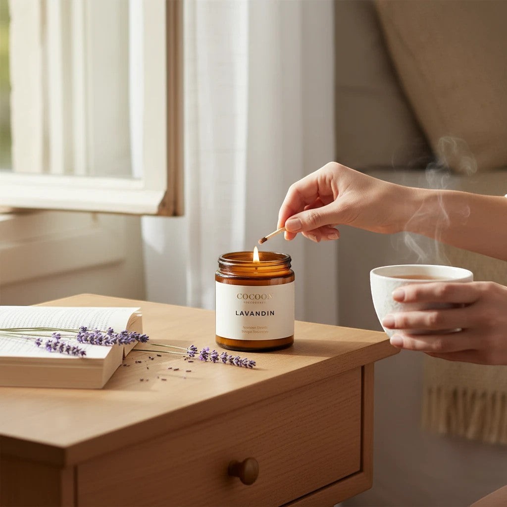 Oh Canada Gifts Cocoon Apothecary lavandin botanical candle in an amber glass jar being lit on a wooden bedside table.