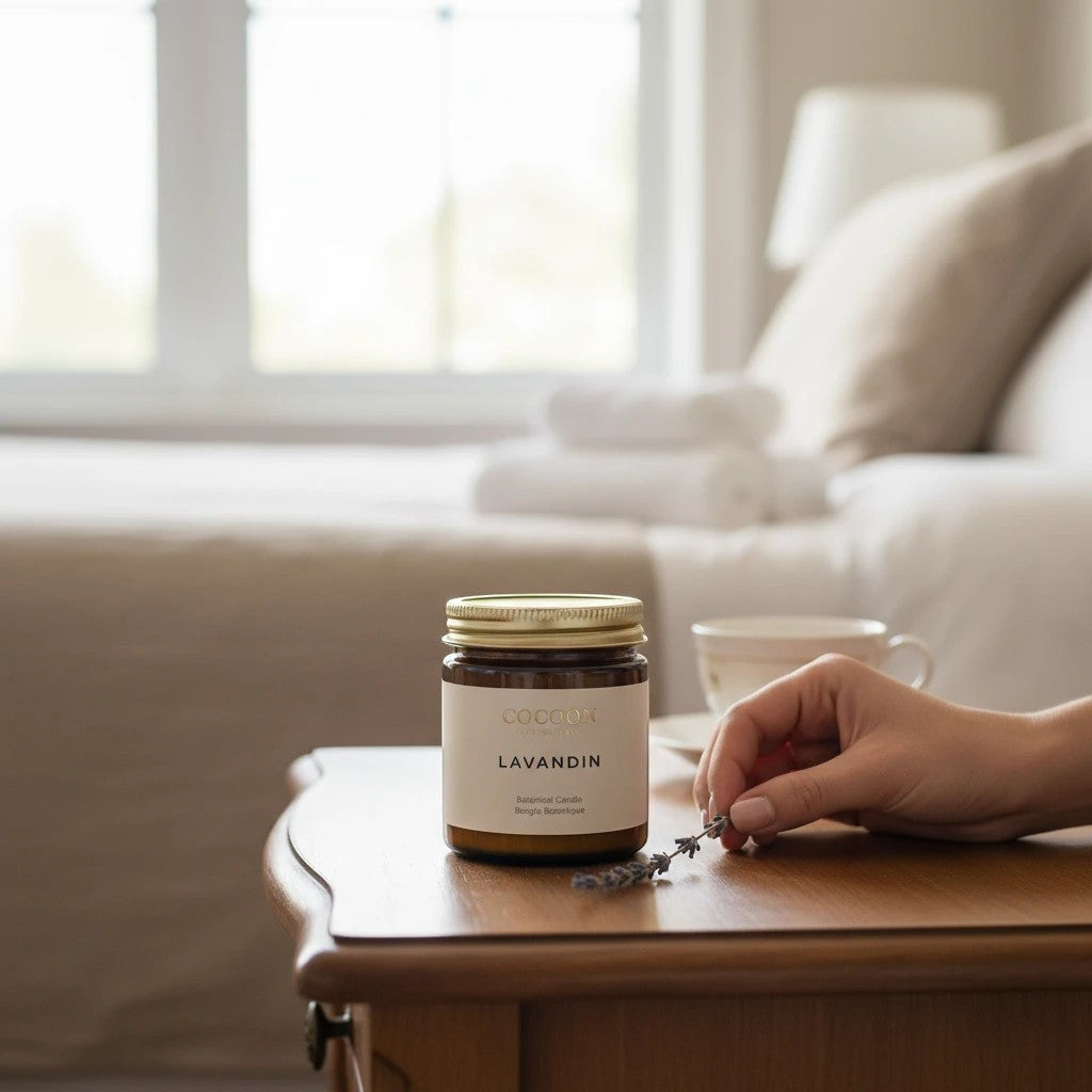 Oh Canada Gifts Cocoon Apothecary Lavandin botanical candle in amber glass jar on a wooden bedside table