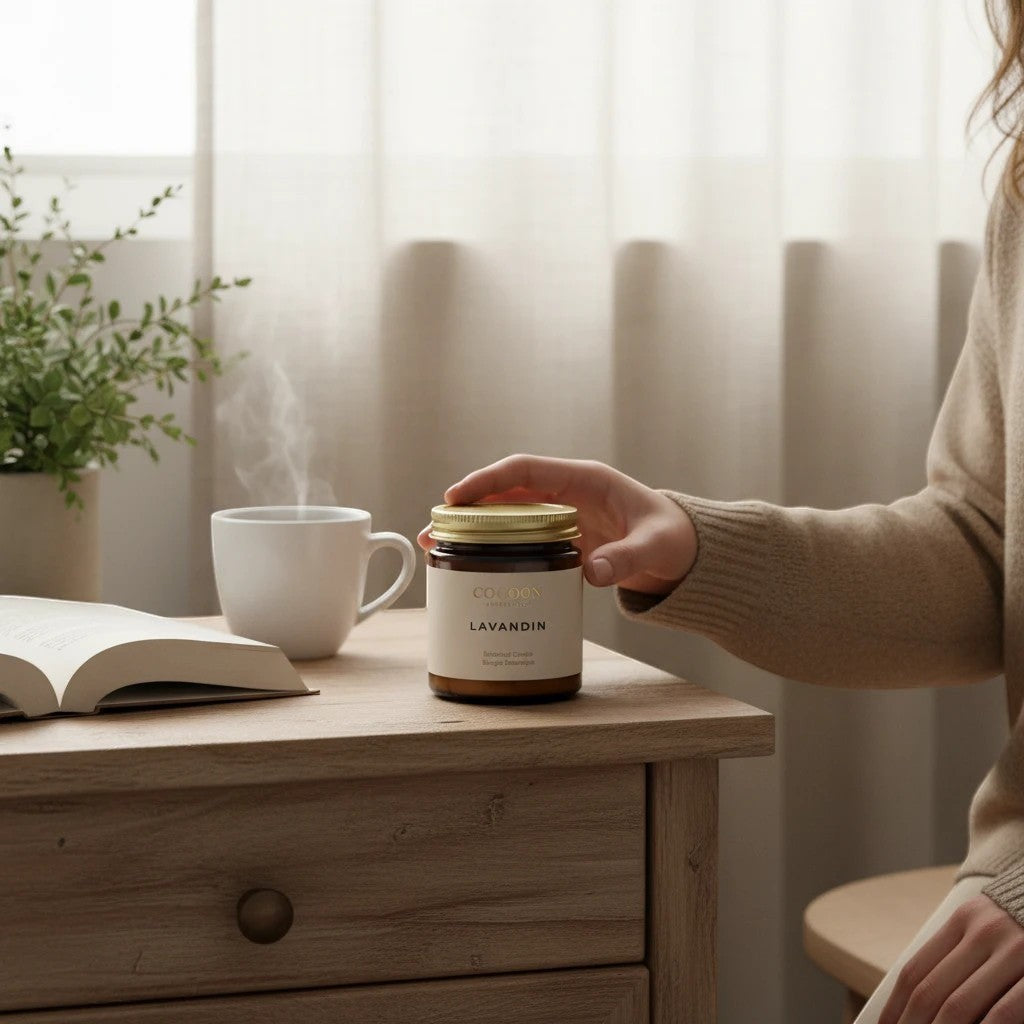 Oh Canada Gifts Lavandin botanical candle in an amber glass jar on a wooden table next to a steaming mug and book.