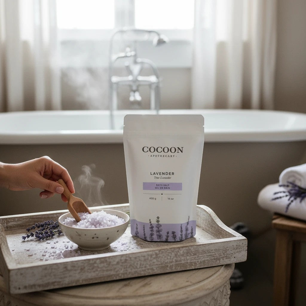 Oh Canada Gifts lavender bath salts in a pouch and bowl with a wooden scoop, set in a relaxing bathroom scene.