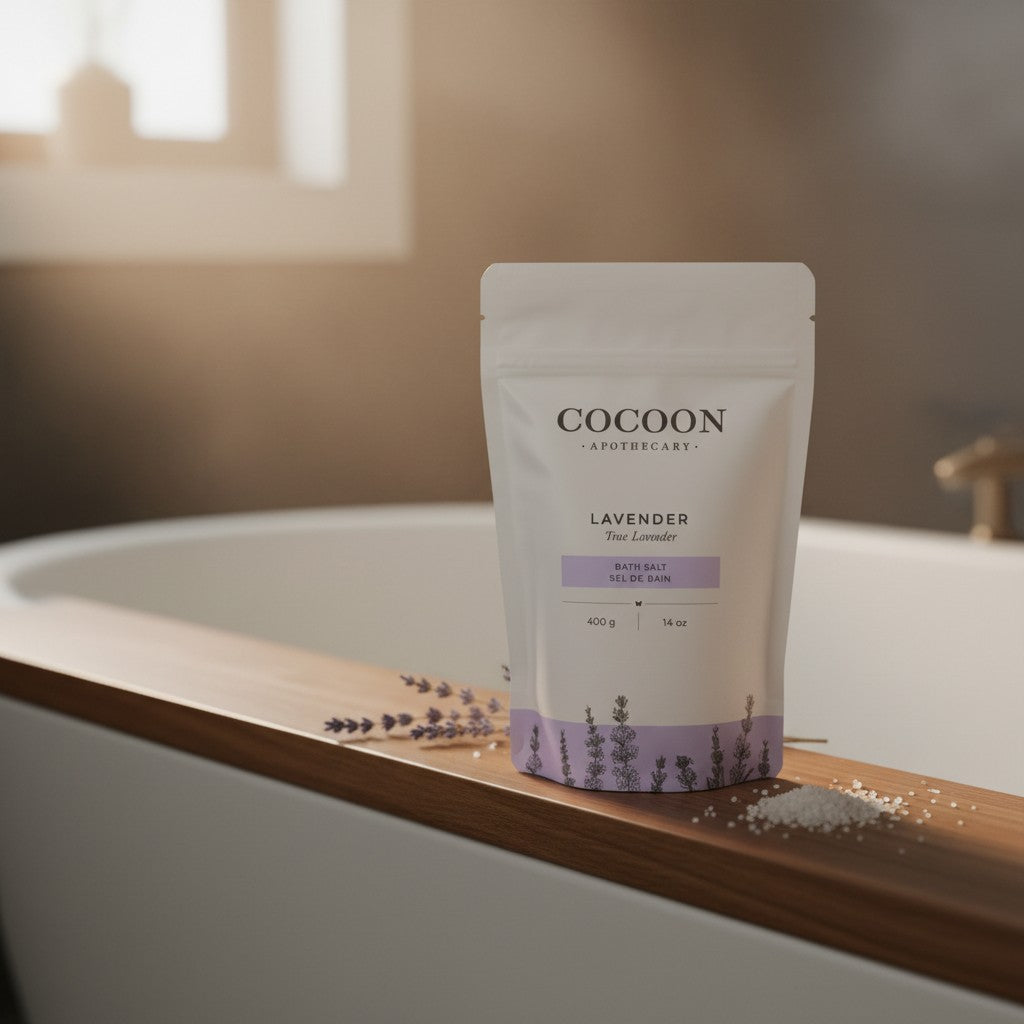 Oh Canada Gifts Lavender Bath Salts in a white pouch with floral design, resting on a wooden bathtub ledge.