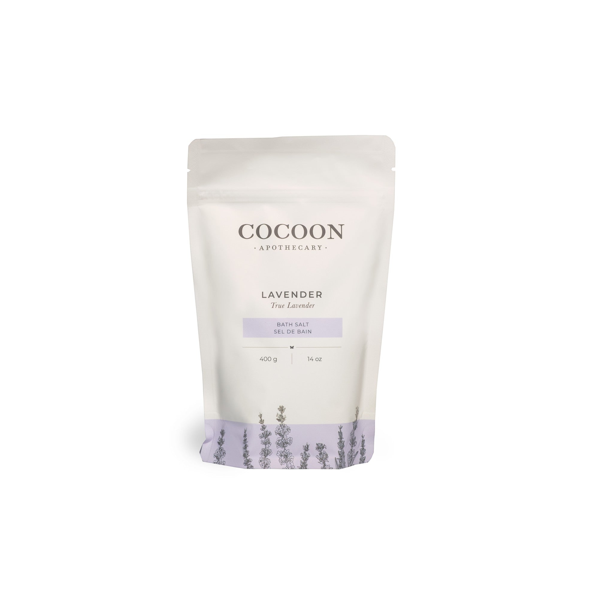 Oh Canada Gifts Cocoon Apothecary lavender bath salts in a white 400g pouch with floral botanical illustrations