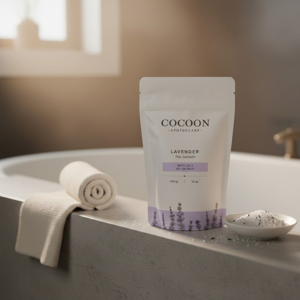 Oh Canada Gifts Lavender Bath Salts in a white pouch with floral design, placed on a bathtub ledge with a towel.