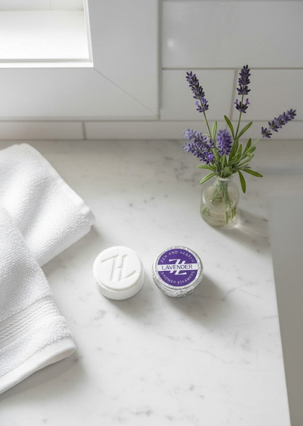 Oh Canada Gifts Zen & Hearth lavender shower steamers on a marble counter with a white towel and fresh lavender sprigs.