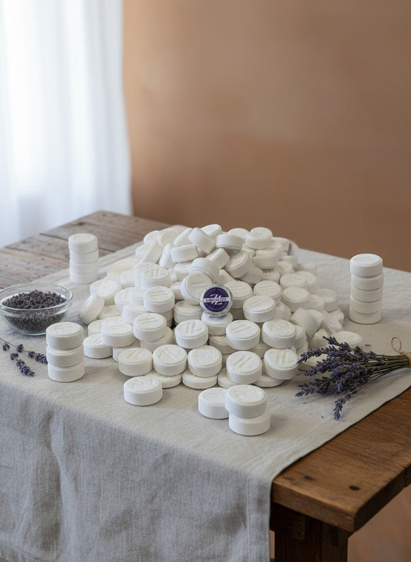 Oh Canada Gifts lavender shower steamers in a large pile on a linen-covered table with dried lavender sprigs.