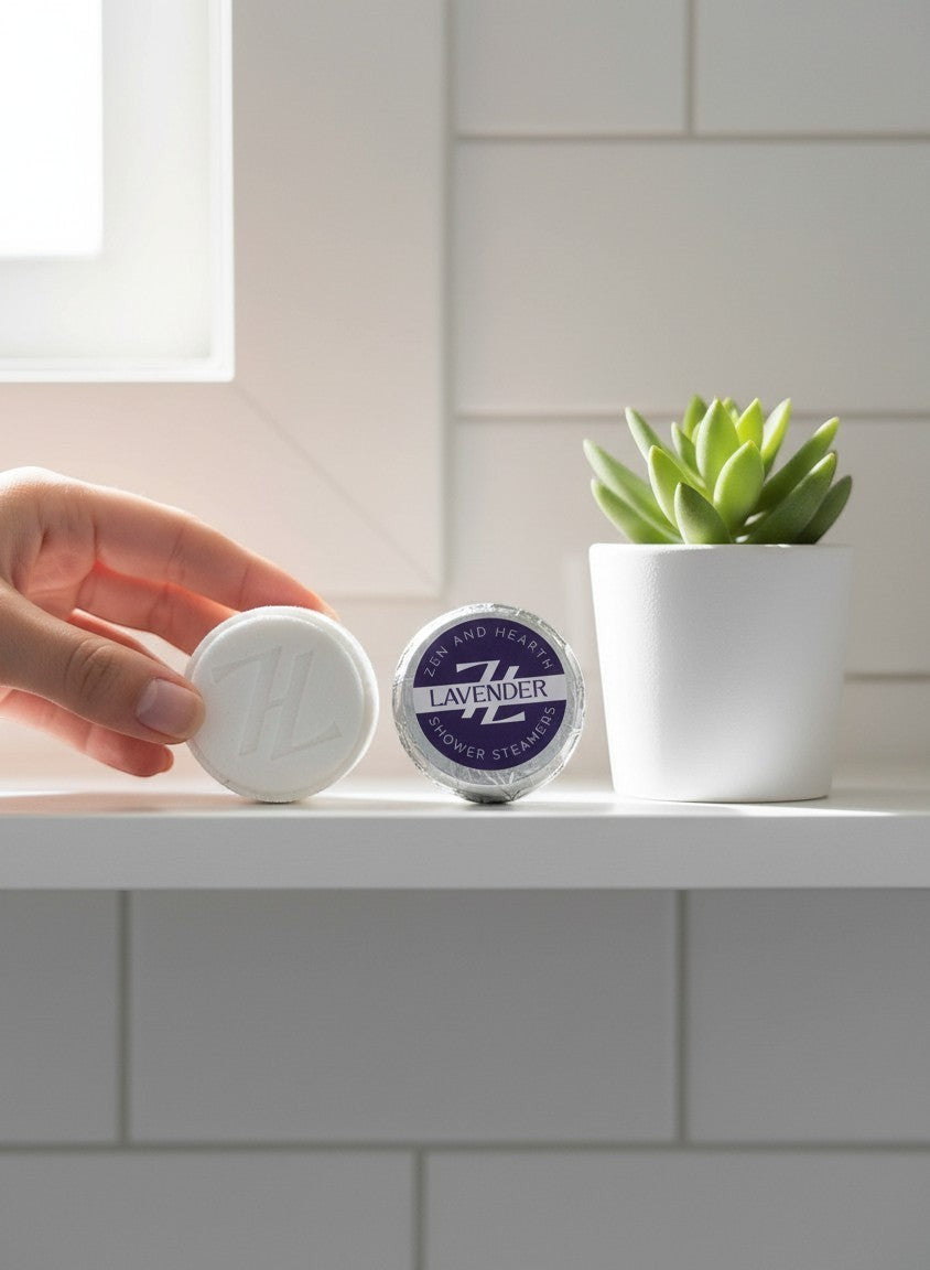 Oh Canada Gifts Zen & Hearth lavender shower steamer tablets on a white shelf with a small succulent plant