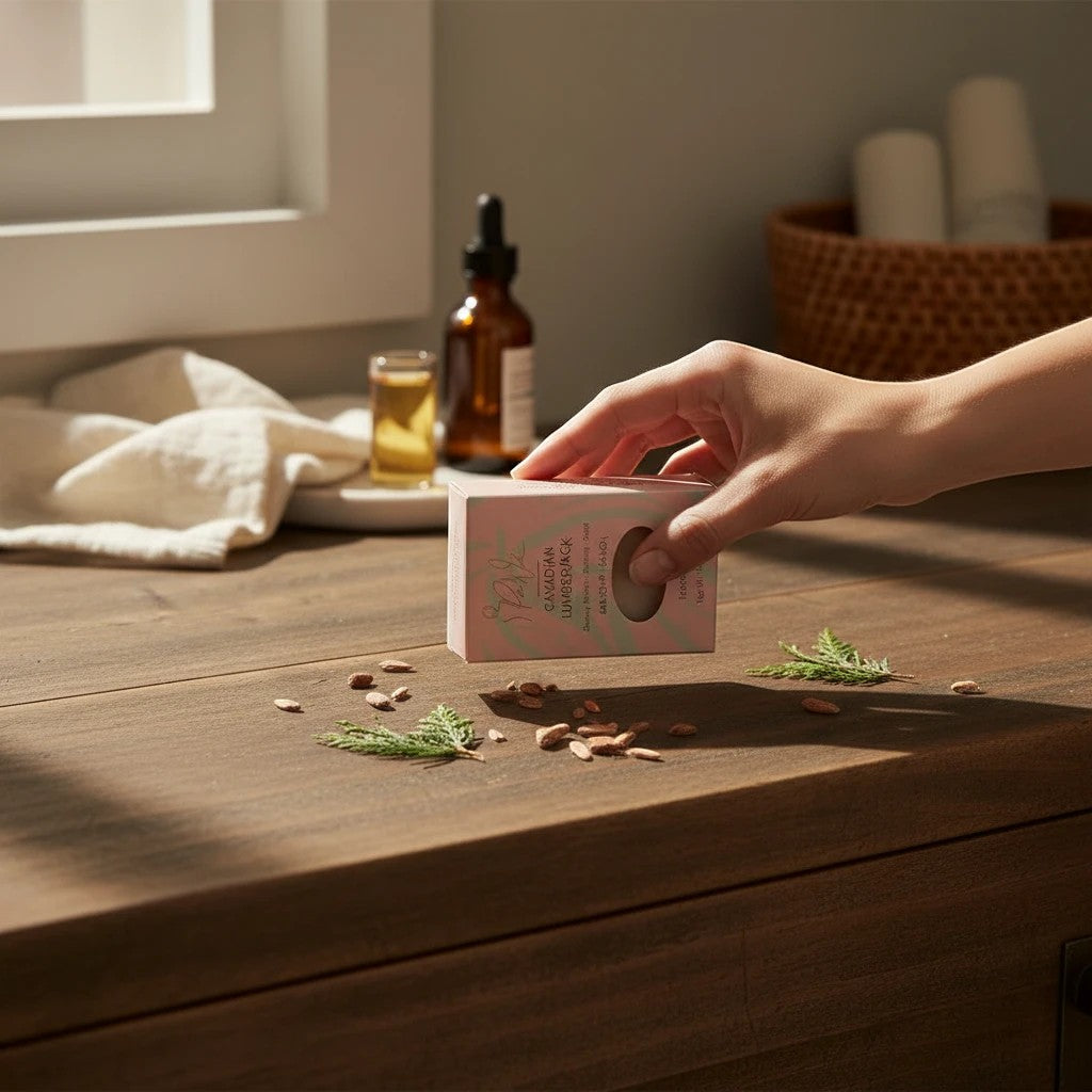 Oh Canada Gifts Canadian Lumberjack soap bar in pink packaging held by a hand on a wooden table with pine needles.