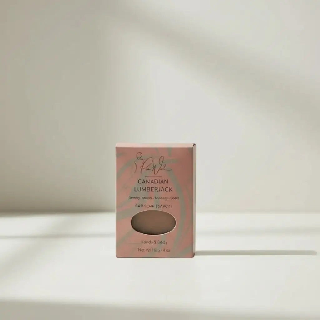 Oh Canada Gifts Canadian Lumberjack cold-process soap bar in a dusty rose box with woodsy pine and cedar scent