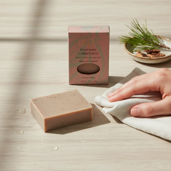 Oh Canada Gifts Canadian Lumberjack soap bar with woodsy pine and cedar scent on a light wooden surface