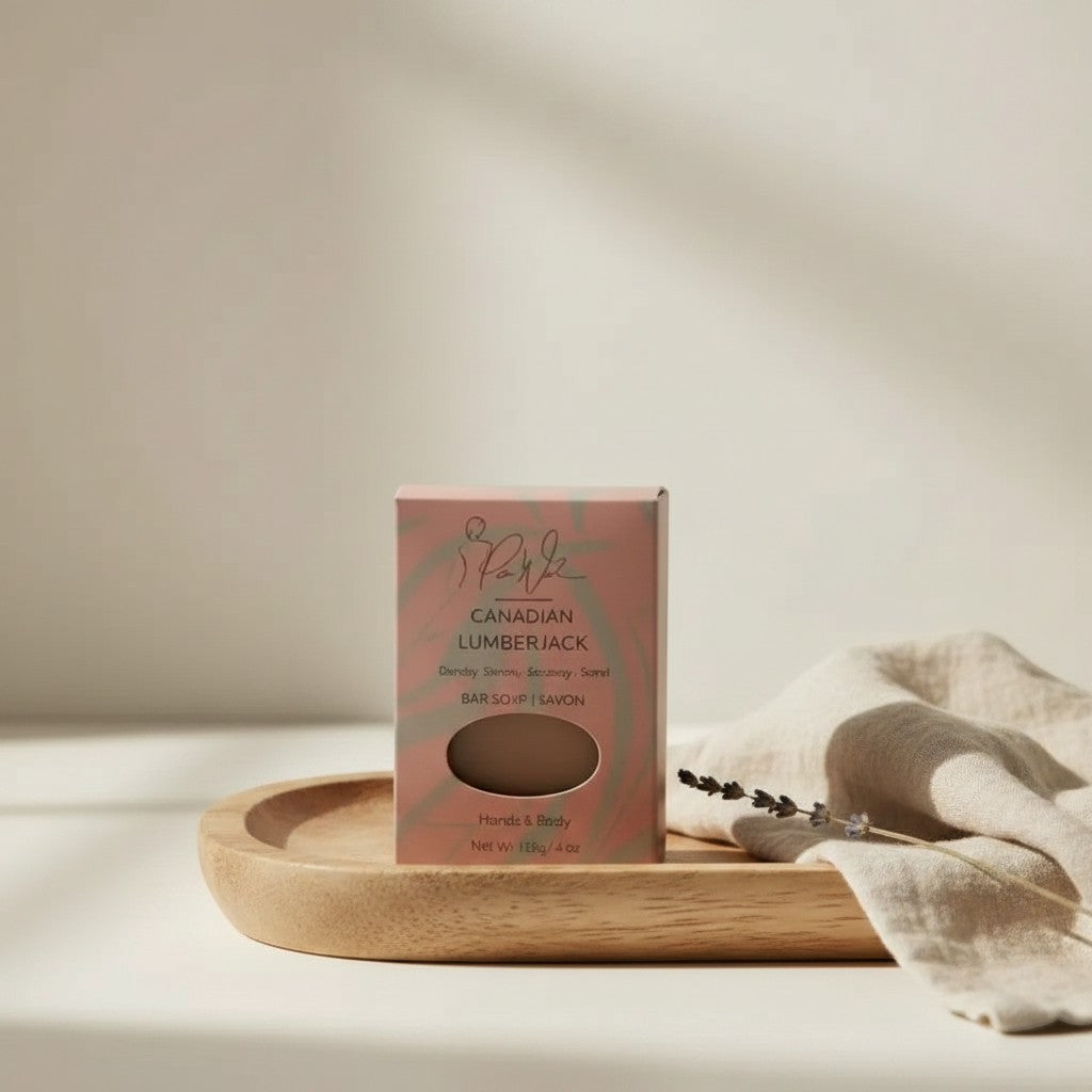 Oh Canada Gifts Canadian Lumberjack soap bar in pink packaging on a wooden tray with a sprig of dried lavender.