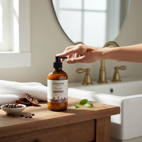 Oh Canada Gifts Magic Bean body lotion in a glass pump bottle on a wooden vanity with coffee beans and a hand applying it.