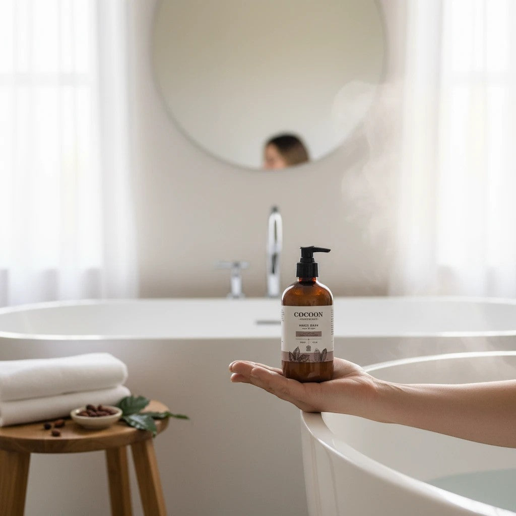 Oh Canada Gifts Magic Bean body lotion in a glass pump bottle held over a steaming bathtub in a bright bathroom.