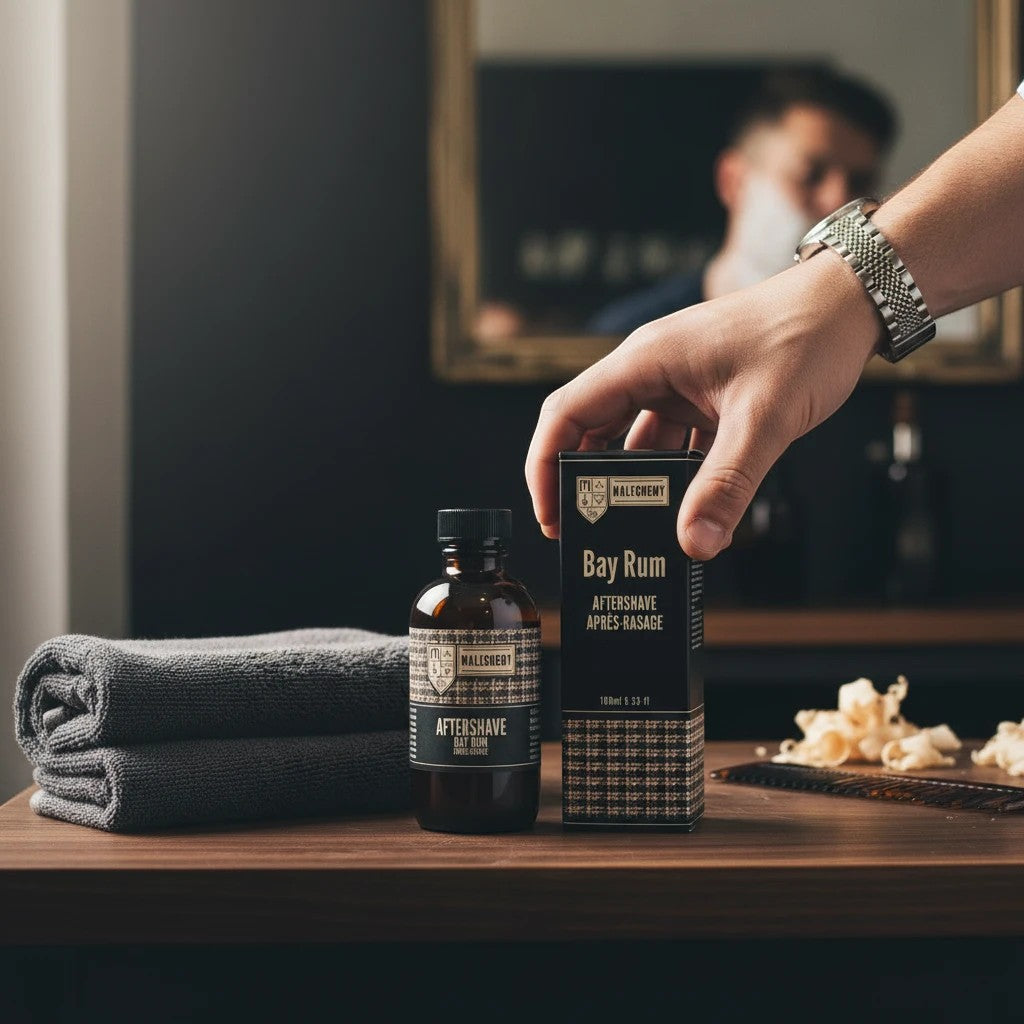 Oh Canada Gifts Malechemy Bay Rum aftershave bottle and box on a wooden counter with a towel and shaving accessories.