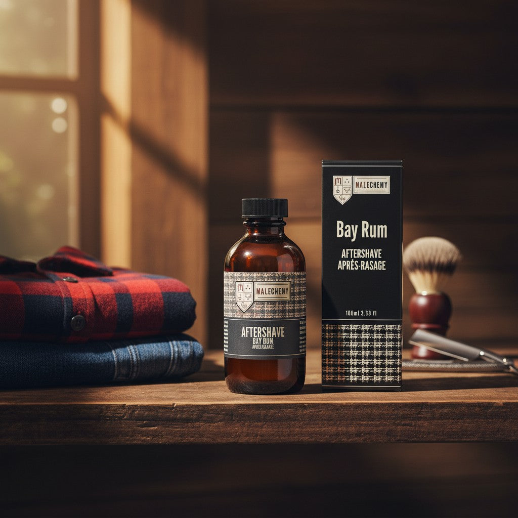 Oh Canada Gifts Malechemy Bay Rum aftershave bottle and box on a wooden shelf with a plaid shirt and shaving brush.