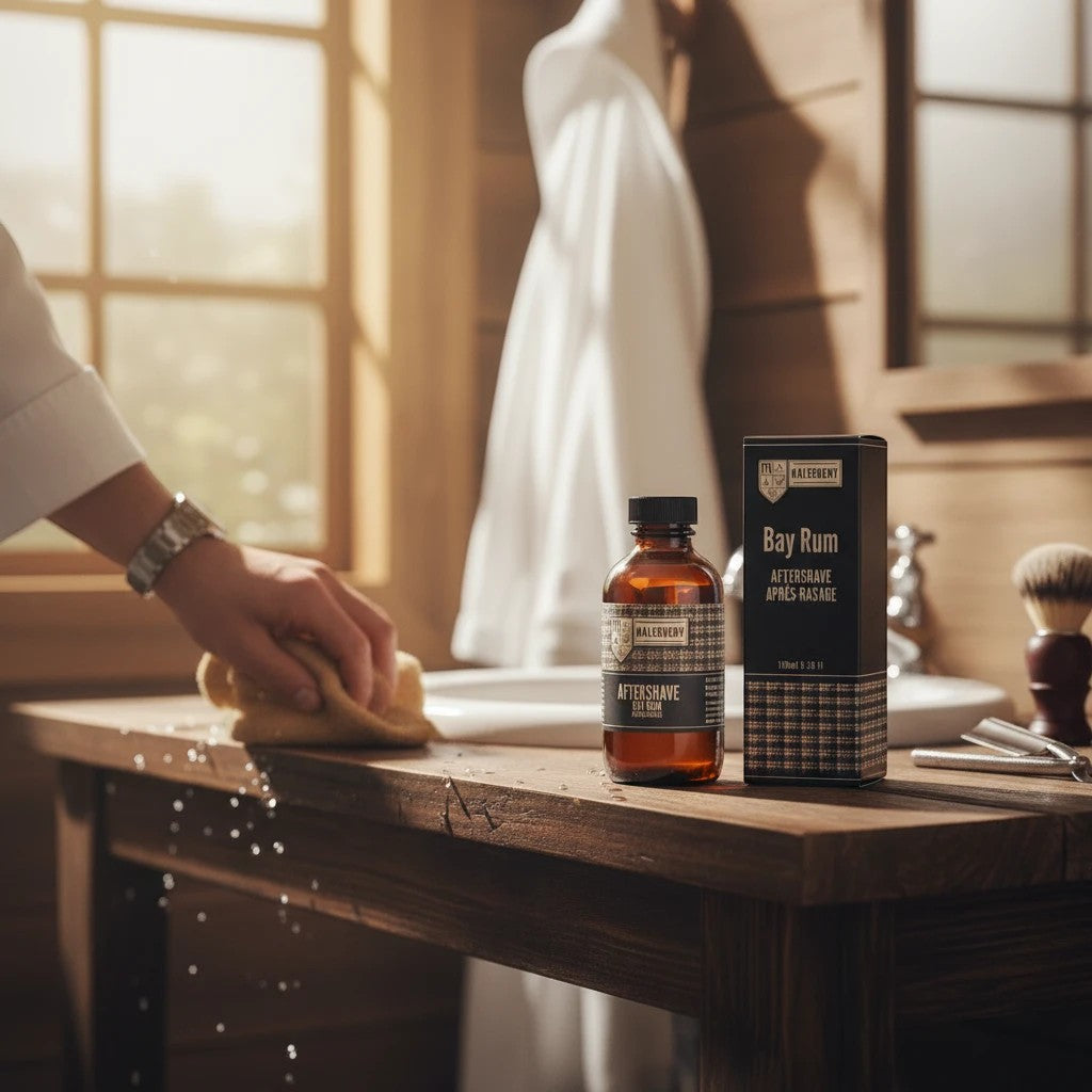Oh Canada Gifts Malechemy Bay Rum aftershave bottle and box on a wooden bathroom vanity with shaving accessories