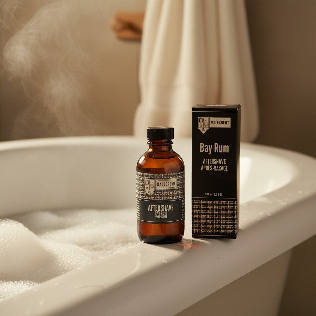 Oh Canada Gifts Malechemy Bay Rum aftershave bottle and box on a steaming bathtub edge with a warm, spiced scent.