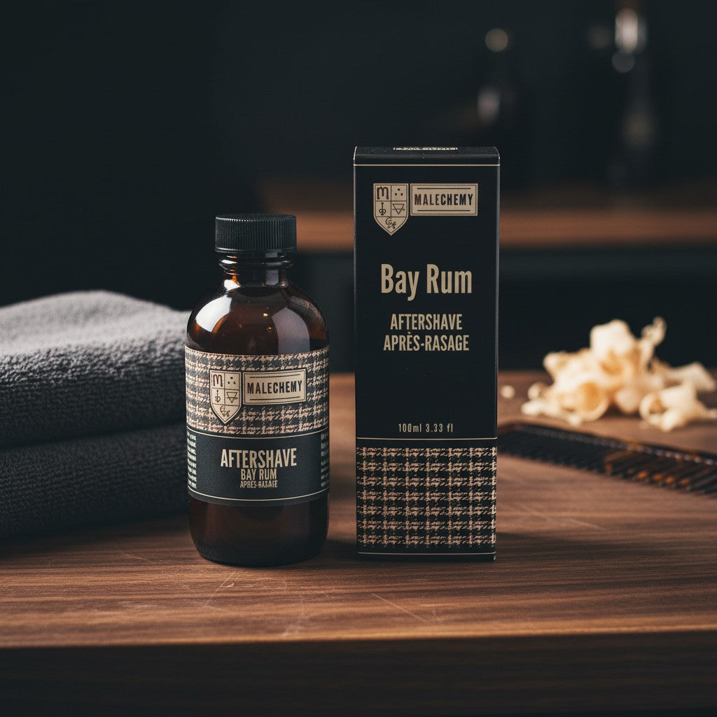 Oh Canada Gifts Malechemy Bay Rum aftershave bottle and box on a wooden surface with a towel and wood shavings.