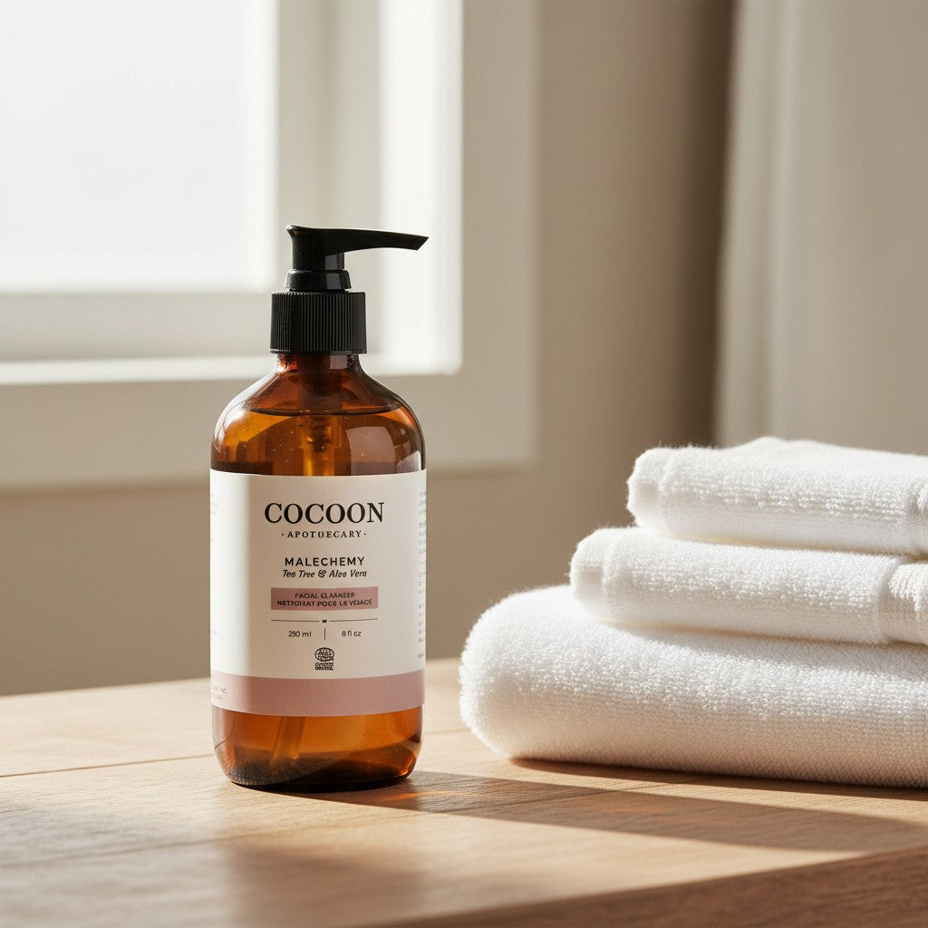 Oh Canada Gifts Malechemy facial cleanser in an amber bottle with a pump, set on a wooden surface with white towels.