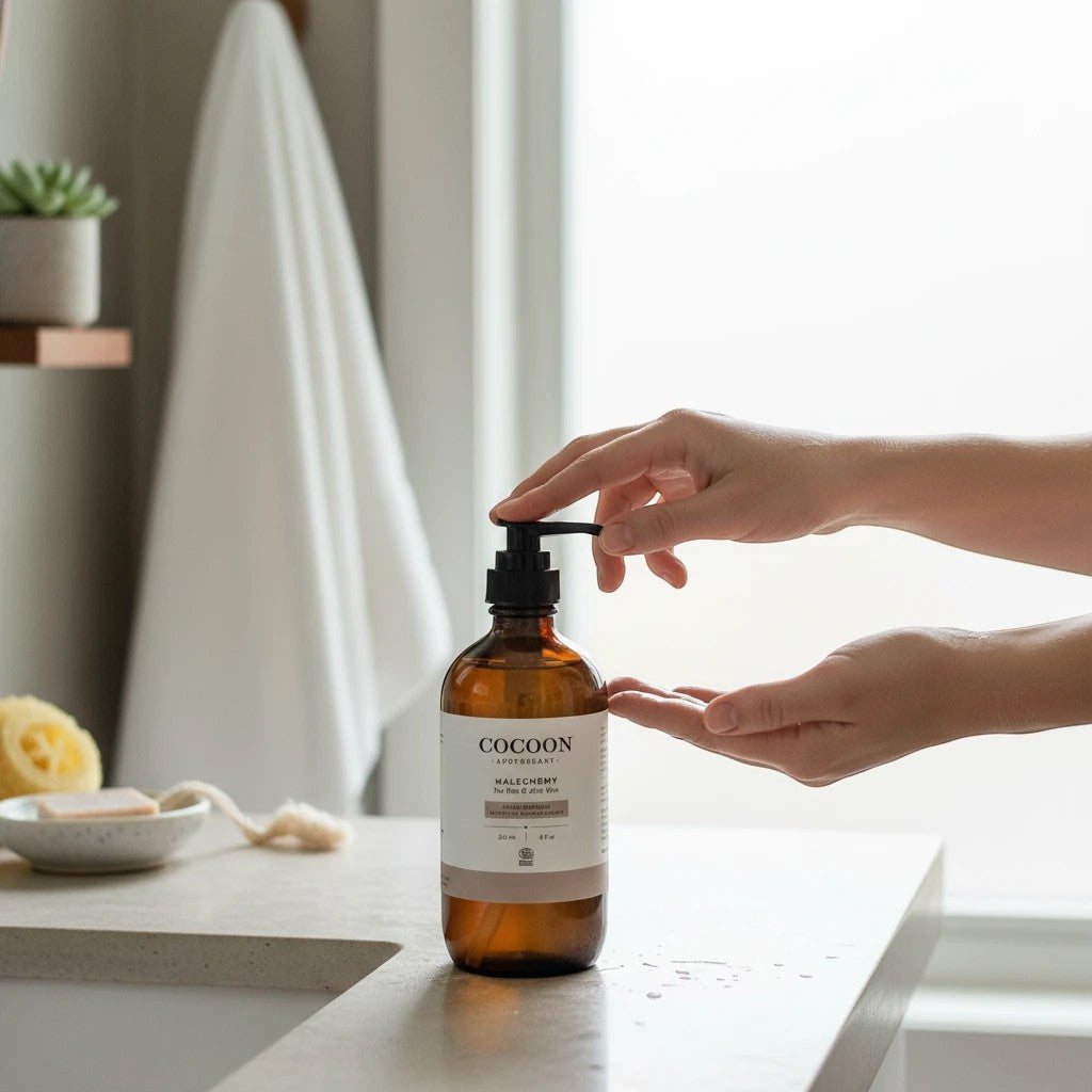 Oh Canada Gifts Malechemy facial cleanser in an amber glass pump bottle being dispensed into hands in a bright bathroom