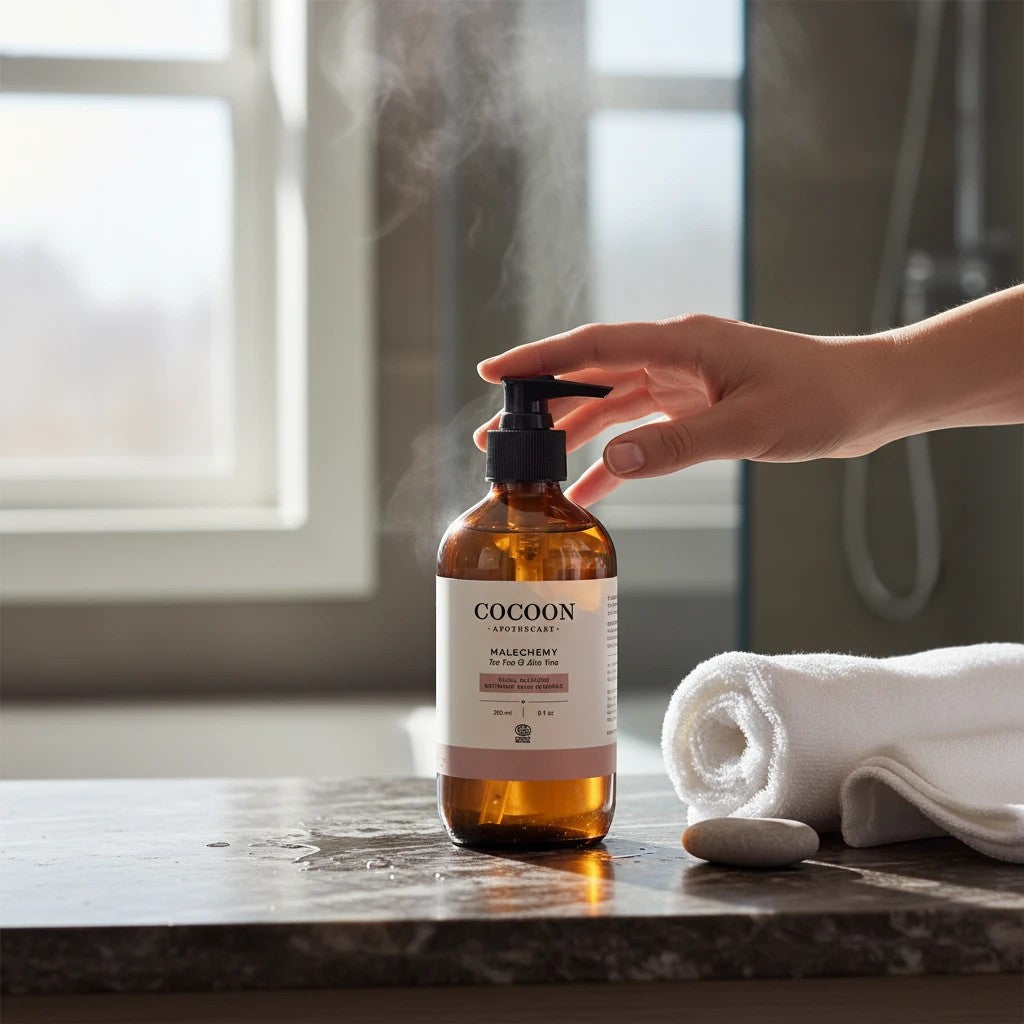 Oh Canada Gifts Malechemy facial cleanser in an amber glass bottle with a pump, set in a steamy bathroom.
