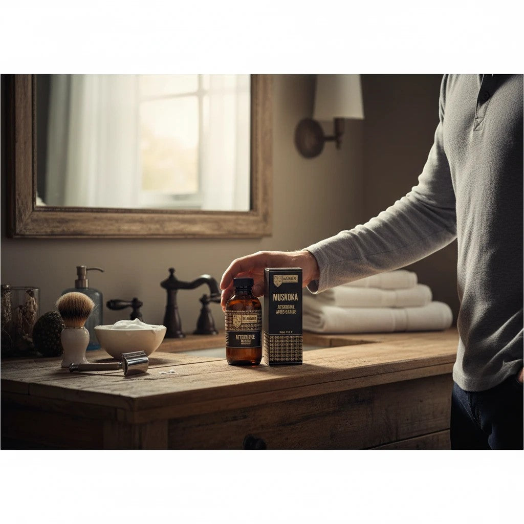 Oh Canada Gifts Malechemy Muskoka aftershave bottle and box on a wooden bathroom vanity with shaving accessories.