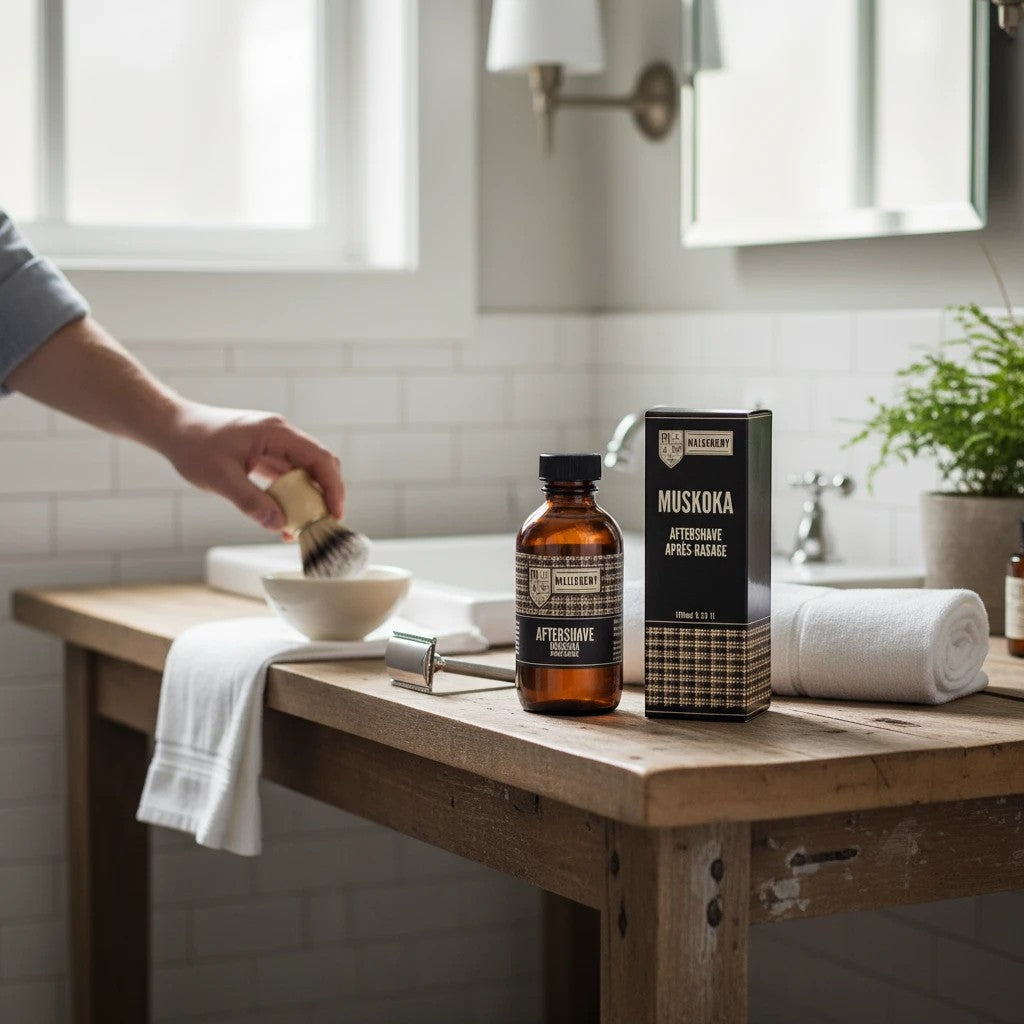 Oh Canada Gifts Malechemy Muskoka aftershave bottle and box on a wooden bathroom vanity with a shaving brush and razor.