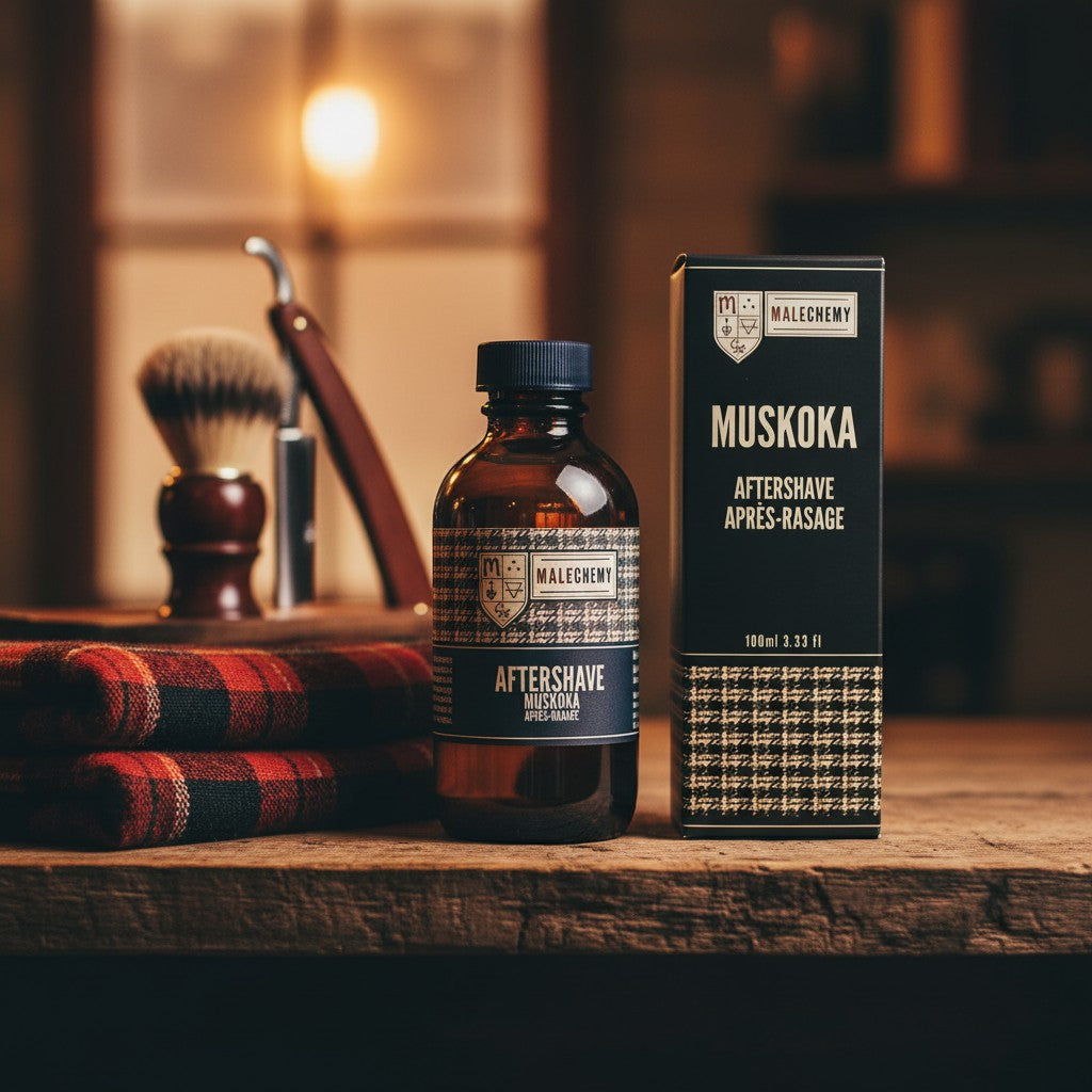 Oh Canada Gifts Malechemy Muskoka aftershave bottle and box with shaving brush and razor on a rustic wooden table.