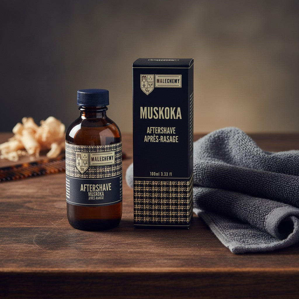 Oh Canada Gifts Malechemy Muskoka aftershave bottle and box with a grey towel on a wooden surface.