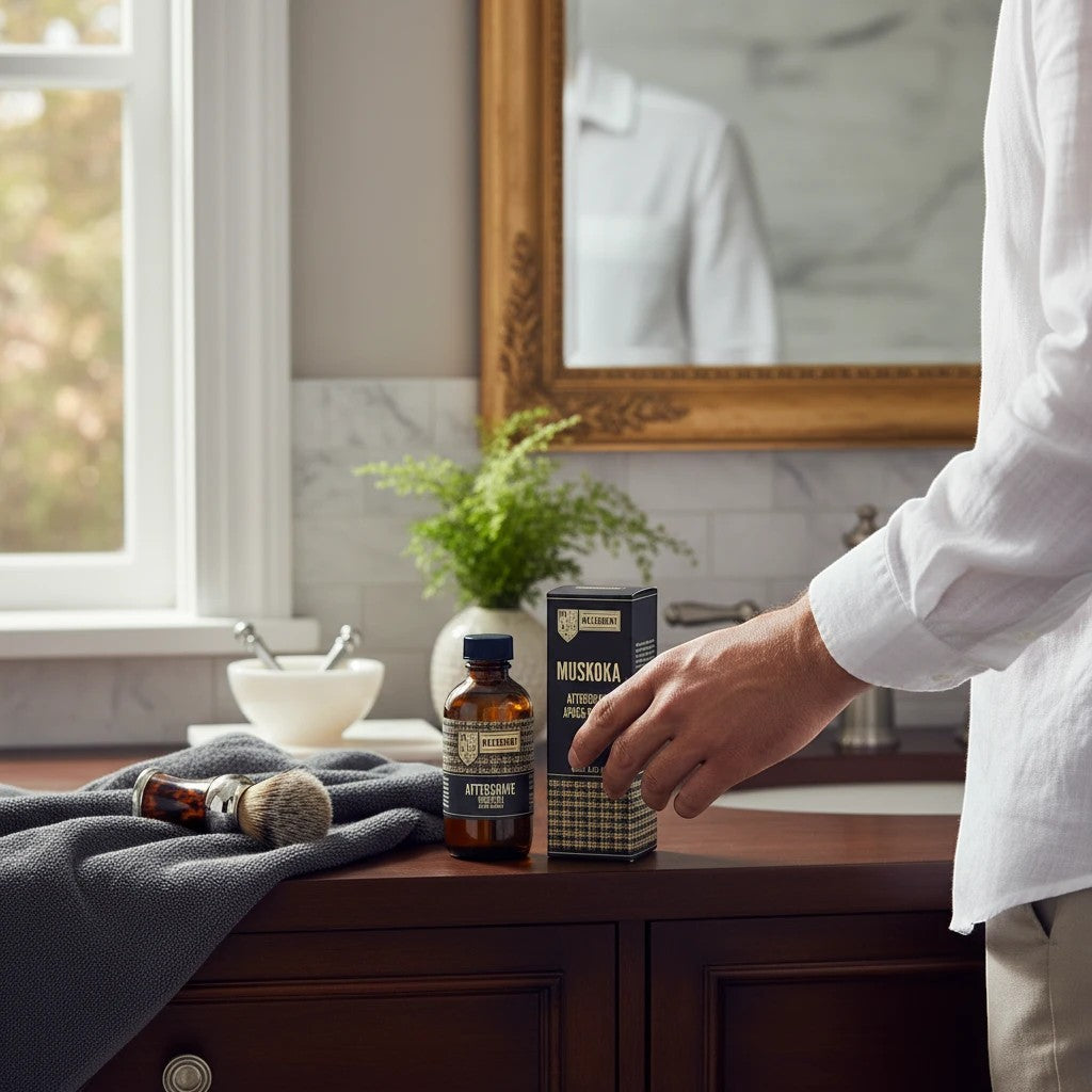 Oh Canada Gifts Malechemy Muskoka aftershave bottle and box on a bathroom vanity with a shaving brush and towel.