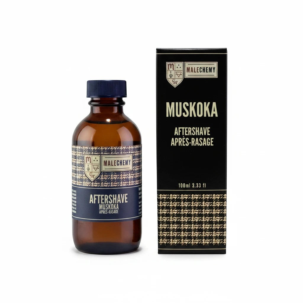 Oh Canada Gifts Malechemy Muskoka aftershave bottle and box with a plaid label design, featuring a forest scent.