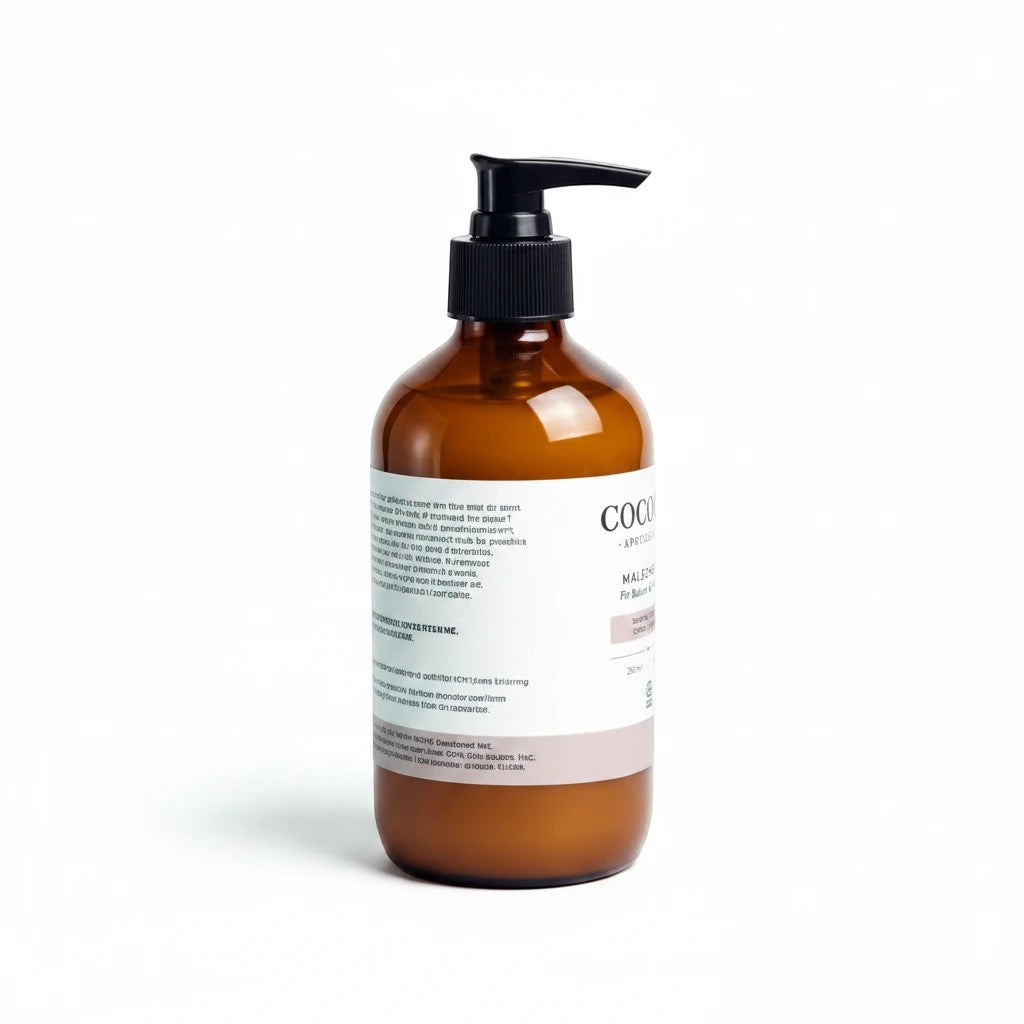 Oh Canada Gifts Malechemy plant-based shaving cream in a 250ml amber bottle with a black pump dispenser.