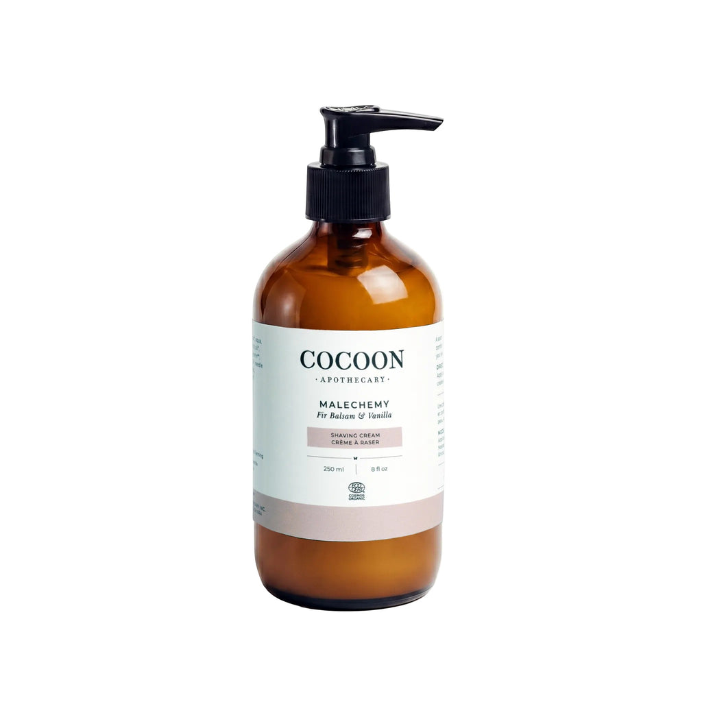 Oh Canada Gifts Malechemy plant-based shaving cream in a 250ml amber glass bottle with a black pump dispenser.