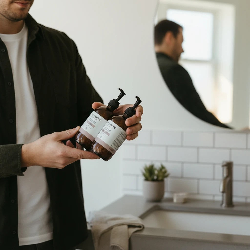 Oh Canada Gifts Malechemy shaving cream bottles held by a man in a modern bathroom with a mirror and subway tile