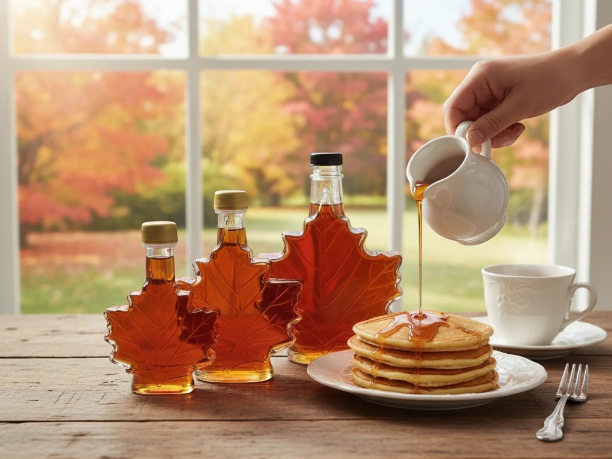 Oh Canada Gifts organic maple syrup in iconic leaf-shaped glass bottles being poured over a stack of pancakes