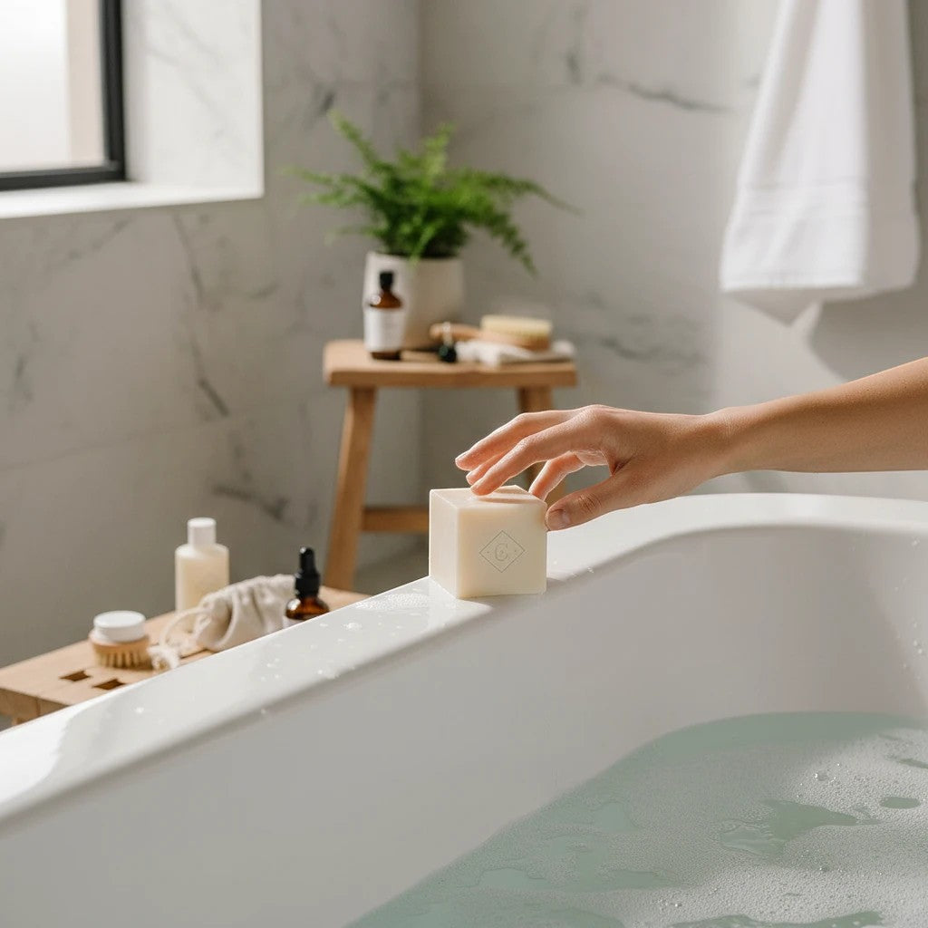 Oh Canada Gifts May Chang bar soap held by a hand on the edge of a bathtub in a bright, modern bathroom setting.