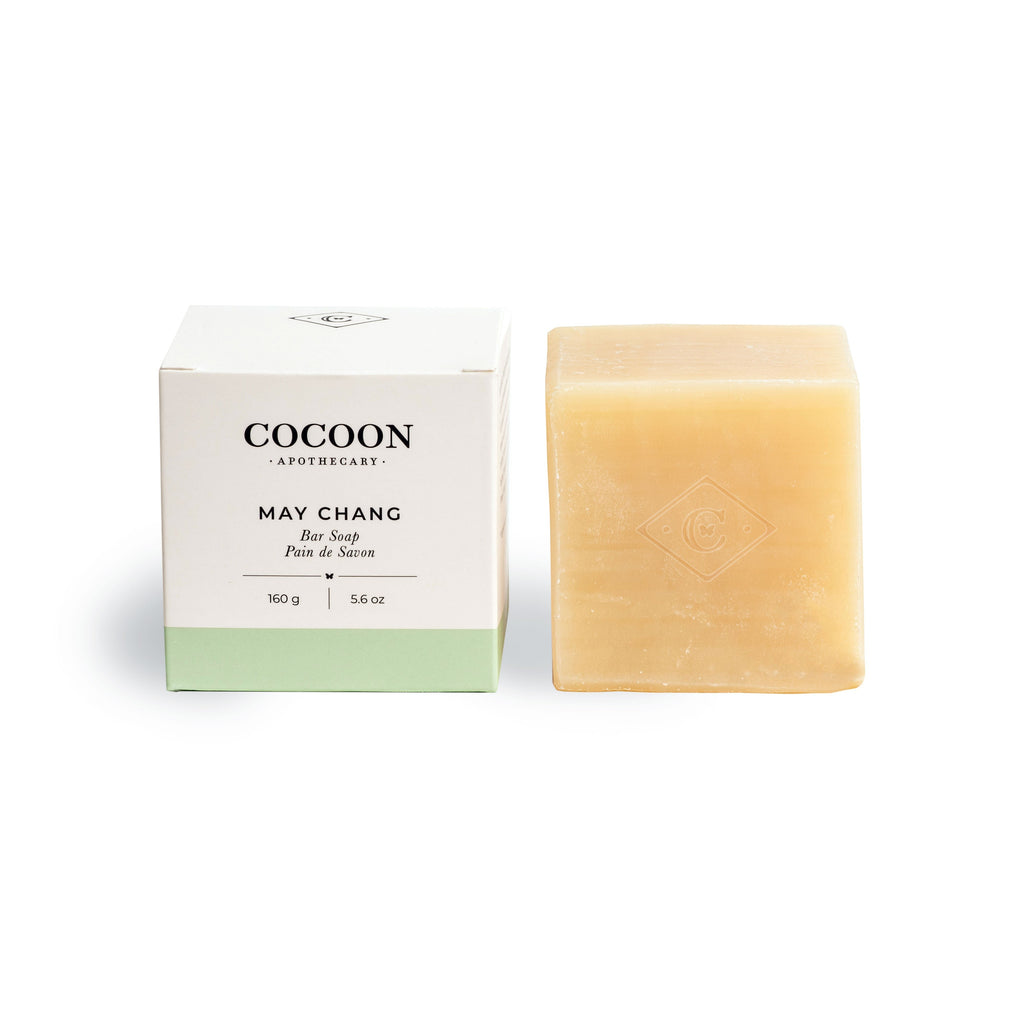 Oh Canada Gifts Cocoon Apothecary May Chang bar soap with its minimalist white and green packaging box.