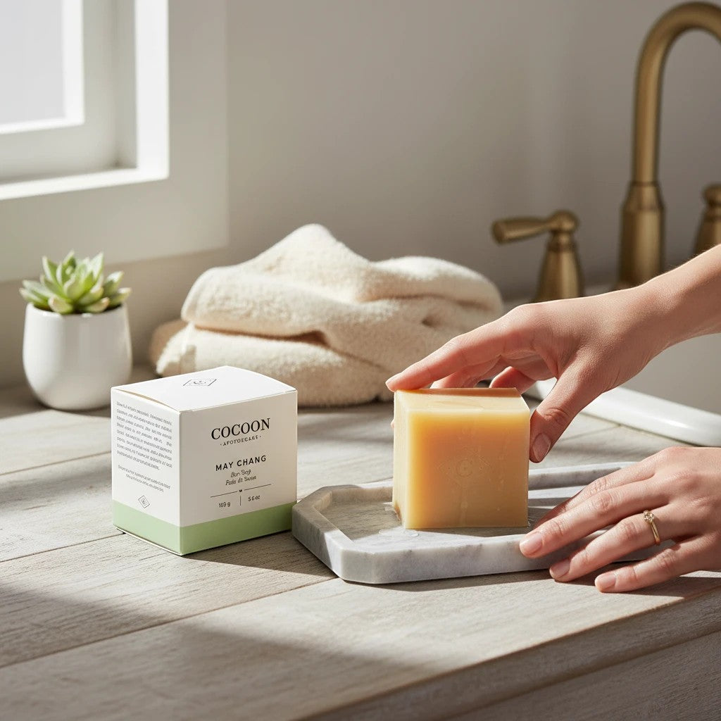 Oh Canada Gifts Cocoon Apothecary May Chang bar soap on a marble dish next to its box in a bright bathroom setting.