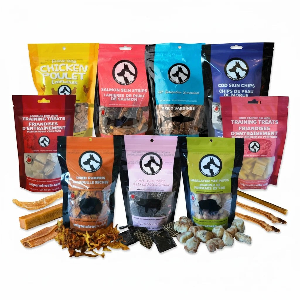 Oh Canada Gifts Mighty Big Box featuring a variety of natural Canadian-made dog treats and chews in colorful bags.