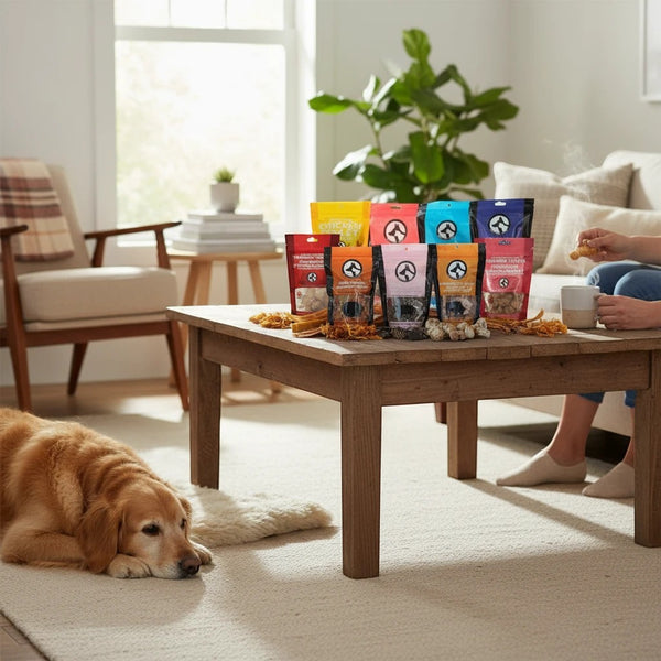 Oh Canada Gifts Mighty Big Box variety pack of Canadian-made natural dog treats and chews displayed on a wooden table.